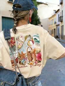 2026 Bestseller Women Summer Minimalist T-Shirt Casual Beach Vacation Print Wave Pattern Round Neck Short Sleeve Versatile Top - Apricot - View 4