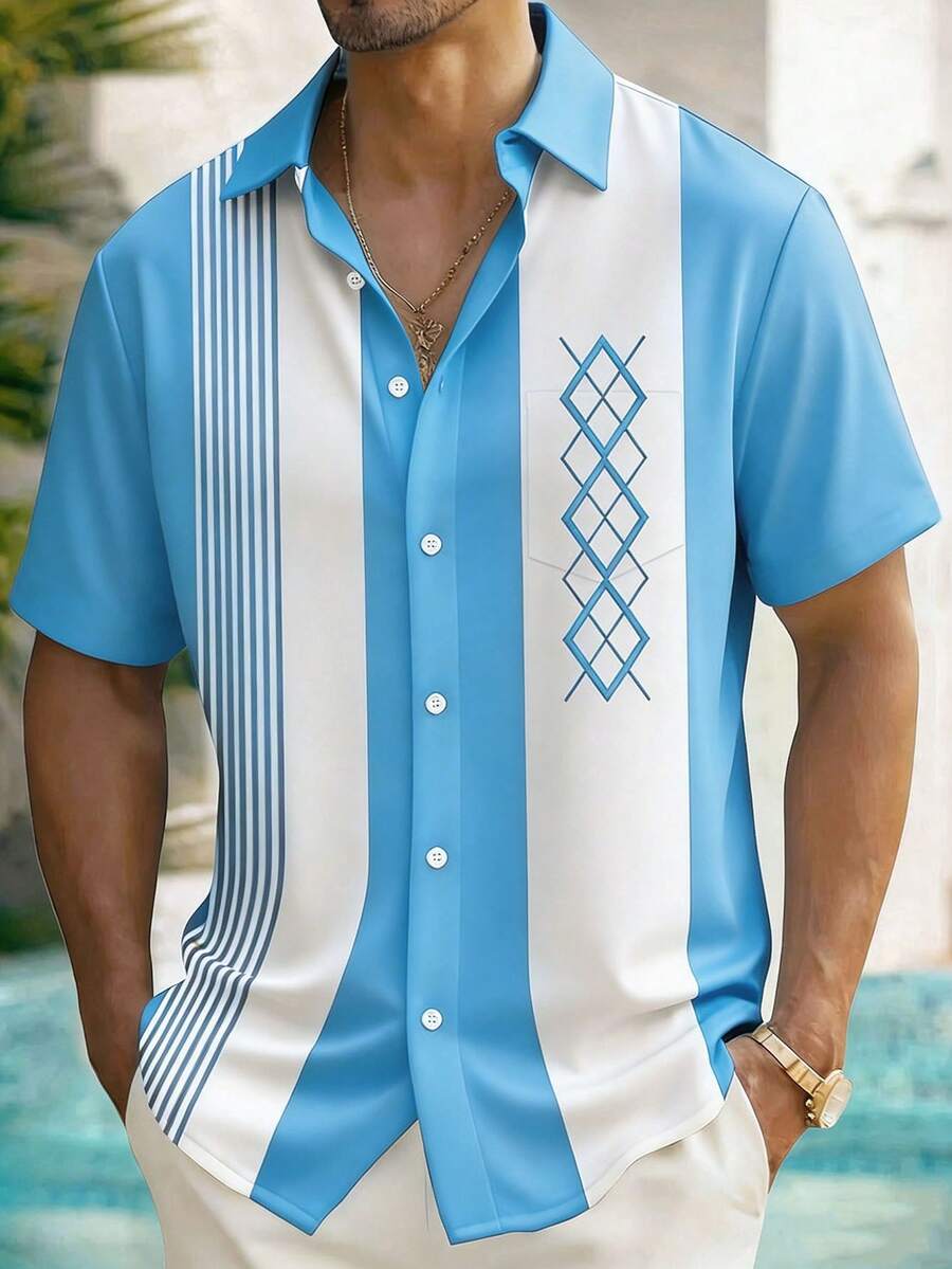 Vintage Bowling Stripe Geometric Print Men's Button Pocket Shirt