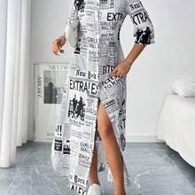 Vestido camisero de mujer de estilo maxi con estampado de periódico - Multicolor - Ver 2