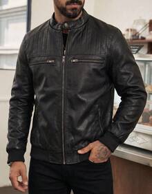 Jaqueta Masculina De Couro Masculino Resistente Com Ziper E Peluciada - Preto - Visão 3