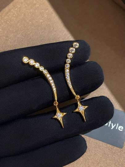 1 Pair Elegant High-End Unique Star Pendant Niche Design Full Cubic Zirconia Inlaid Luxury Fashion Earrings Suitable For Women's Daily, Banquet, Ball, Holiday, Wedding Wear