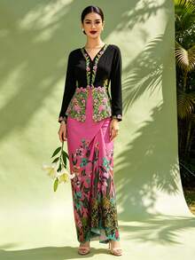 Saruang Kebaya For Women, Nyonya Kebaya 1pc Floral Print Elegant Skirt, Spring/Summer (Top Not Included) - Red - View 6