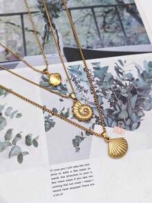 3pcs Fashion Ocean Style Stainless Steel Necklace Set, Shell/Conch Pendant, Suitable As Gift - Yellow Gold - View 1