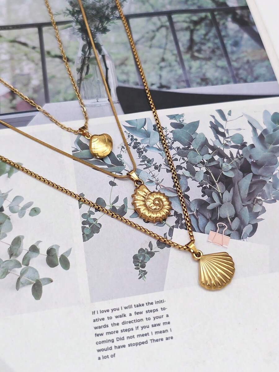 3pcs Fashion Ocean Style Stainless Steel Necklace Set, Shell/Conch Pendant, Suitable As Gift - Yellow Gold - View 1