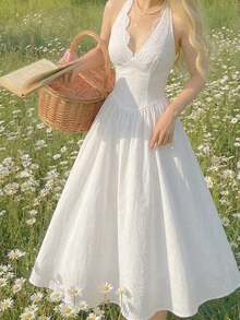 Vestido de verano de mujer con cuello de encaje de unicolor y cintura ceñida - Blanco - Ver 1