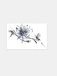 1 Pc Chinese Ink Wash Lotus Temporary Tattoo, Waterproof Fake Delicate Watercolor Tattoo Sticker With Butterfly, Elegant Whimsical Body Art - Multicolor - View 2