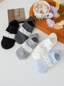 5 Pairs Women's French Floral Patchwork Invisible Socks (No Cardboard Lining, Random Colors) - Multicolor - View 4