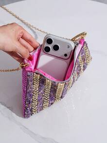 New Evening Bag With Rhinestone Decor, Elegant Handbag For Banquet, Portable Zipper Pouch For Party And Gathering, European And American Style Exquisite Clutch, Formal Dress Bag, Fashionable Evening Purse - Purple - View 7