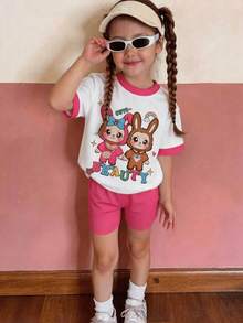 2pcs/Set Cute Cartoon Rabbit Print Short Sleeve T-Shirt And Shorts Set For Girls, Suitable For 4-7 Years Old, Summer Casual Wear - Hot Pink - View 1