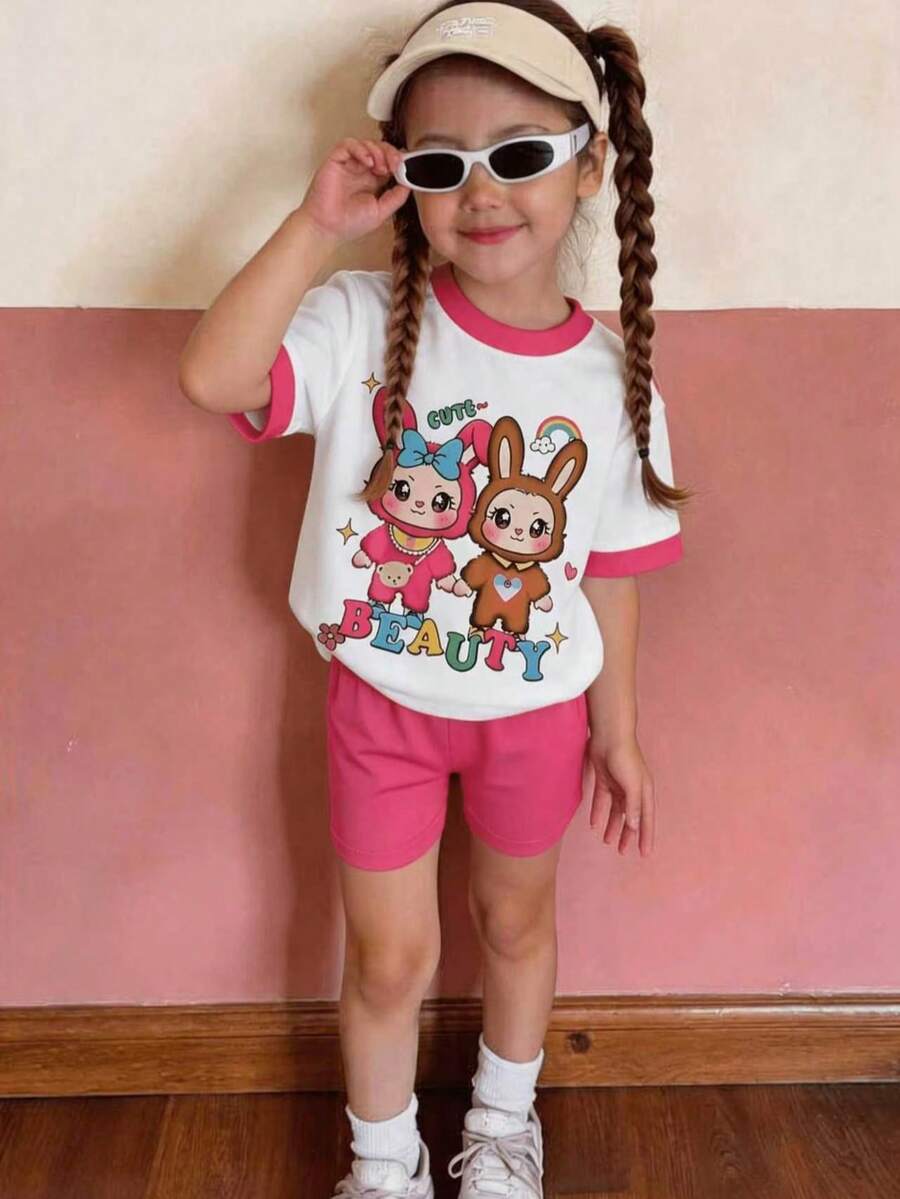 2pcs/Set Cute Cartoon Rabbit Print Short Sleeve T-Shirt And Shorts Set For Girls, Suitable For 4-7 Years Old, Summer Casual Wear - Hot Pink - View 1