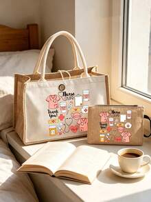 Túi tote vải canvas chủ đề y tá và túi đựng mỹ phẩm đồng bộ - Túi vải lanh chắp vá in họa tiết ống nghe, trái tim, ống tiêm, nhiệt kế, bền và nhẹ, vật dụng thiết yếu hàng ngày của y tá, túi lưu trữ đa năng túi đựng mỹ phẩm ví sắp xếp, phù hợp để đi làm, đi làm, giải trí du lịch, mua sắm, dã ngoại, quay lại trường, tốt nghiệp, quà tặng Ngày Nhà giáo - Nhiều màu - Xem 1