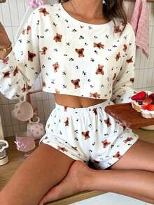 2 piezas Conjunto de pijama de mujer con cuello redondo, manga larga estampada y pantalón corto con cintura elástica, cómodo - Blanco - View 3