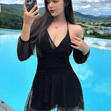 LunaCass8  Traje de baño de una pieza de manga larga de unicolor y de moda para vacaciones de verano - Blanco - Ver 5