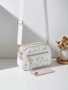 1件休閒通勤女款斜背包，4拉鍊設計，純色個性時尚刺繡紋理，舒適觸感，手提、肩背，大容量，適合旅行、購物、通勤必備 - 白色 - 查看 3