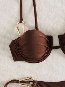 Women's Vacation Style Steel Color Tote Bikini 2 Pieces Set, With Shoulder Straps And Metal Waist Decoration Beach - Coffee Brown - View 5