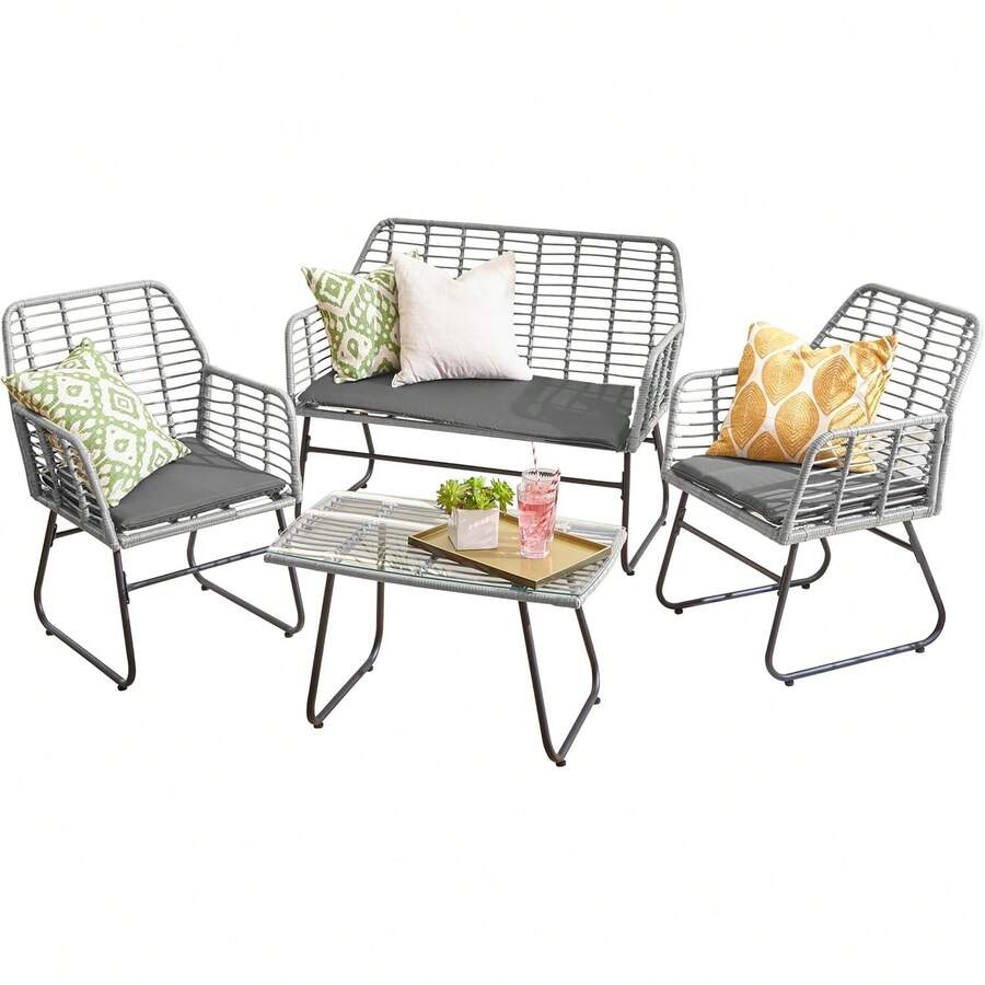 Outdoor Indoor Wicker Rattan Garden Furniture Sofa Chair Table Set With Natural Cushion For Patio Balcony - Dark Grey Cushion - View 1