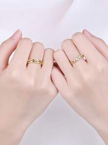 Bộ 2 nhẫn đôi thanh lịch đính đá Cubic Zirconia, vòng nhẫn điều chỉnh được, chống phai màu, không gây dị ứng, trang sức quà tặng đám cưới và kỷ niệm lãng mạn - Vàng - Xem 4