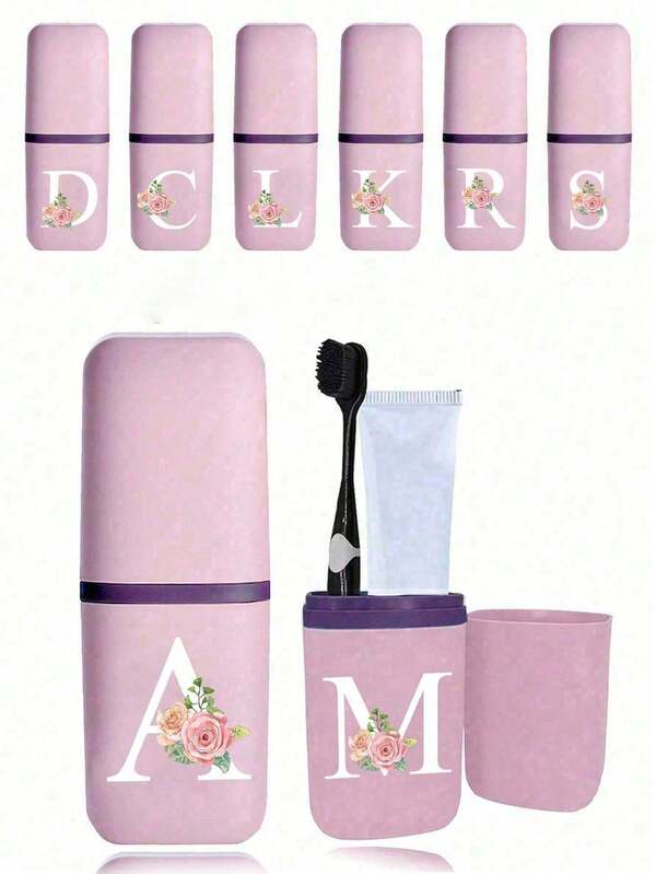 Estuche portátil para cepillo de dientes de viaje, impreso con letras A-Z y decoración floral, suministros de baño, caja de almacenamiento para cepillo de dientes y pasta de dientes para viajes al aire libre, caja organizadora a prueba de polvo con serie de letras impresa, artículos esenciales de viaje, útiles escolares, artículos esenciales para camping en vacaciones, suministros de verano para vacaciones, suministros de baño, suministros para el hogar, suministros de almacenamiento