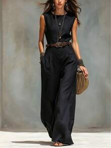 Elegant Sleeveless Round Neck Jumpsuit With Belt & Wide Leg, Casual Vestidos Elegantes For Everyday Wear - 白色 - 查看 8