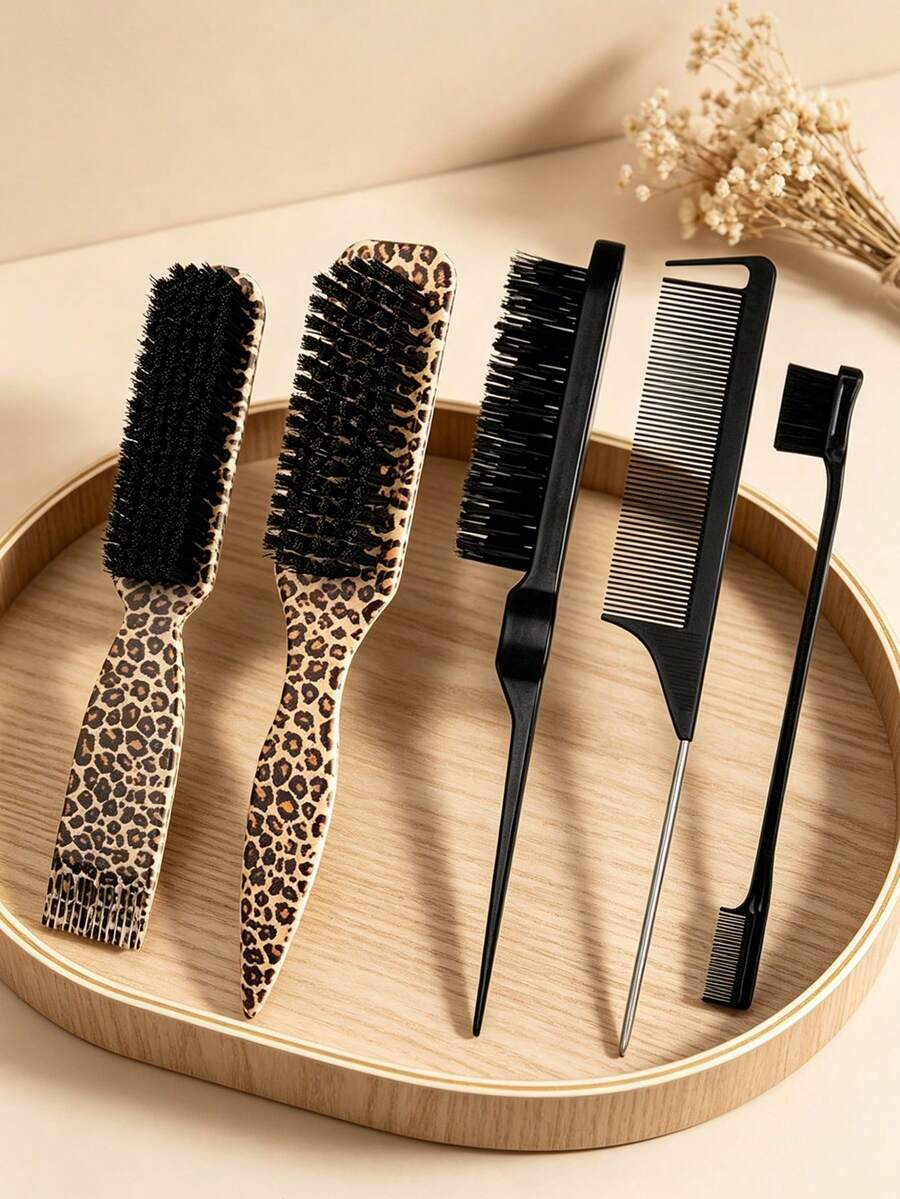 Bộ 5 món lược tạo kiểu tóc họa tiết da báo, lược lông heo rừng, lược chải viền tóc và lược đuôi chuột - Nhiều màu - Xem 1