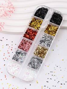 12-Grid 1mm Ultra-Mini Star & Heart Glitter Nail Art Sequins, Ultra-Thin Y2K Holographic Laser Gold Silver Pink Aurora Glitter, Small Heart Nail Decoration Accessories, Japanese Salon DIY Supplies - Multicolor - View 4
