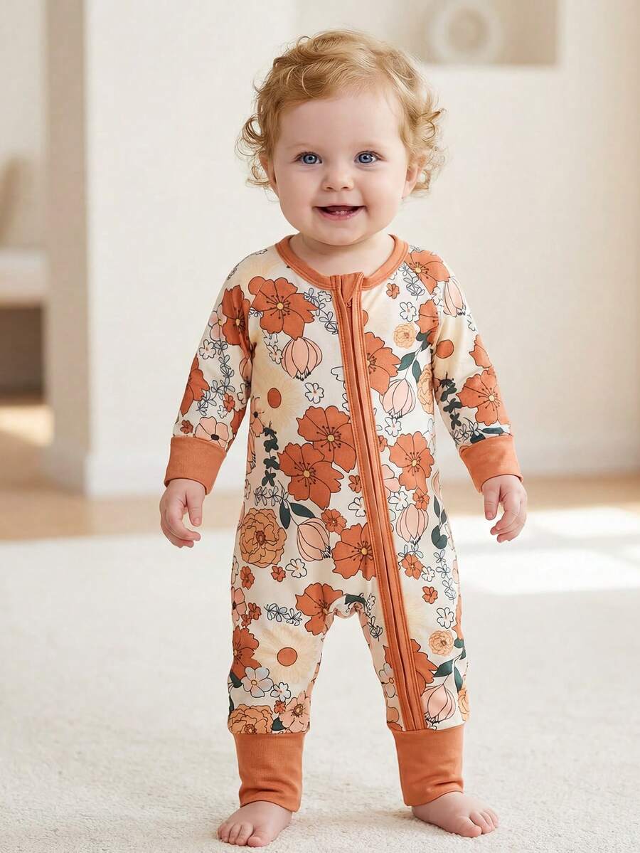 MOSSRIVER Baby Girl Zipper Front Long Sleeve Romper, Soft Breathable Comfortable Daily Wear, Round Neck Flower Print Jumpsuit, Spring Autumn - 橘色 - 查看 1