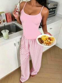 2pcs/Set Women's Summer New Style, Solid Color Camisole Tank Top And Plaid Long Pants Pajama Set - Pink - View 6