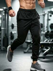 Men's High Elasticity Breathable Quick-Dry Jogging Pants, Lightweight Slim Fit Drawstring Sports Pants, Suitable For Daily And Athletic Wear - Black - View 2
