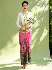 Saruang Kebaya For Women, Nyonya Kebaya 1pc Floral Print Elegant Skirt, Spring/Summer (Top Not Included) - Red - View 9