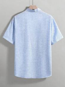 Men's Fashion Textured Striped Shirt, Stand Collar Half-Placket Design, Versatile Clean Fresh Summer New Casual Commute Plus Size Short Sleeve Top - Blue - View 2