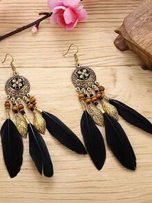 Retro Bohemian Four-Leaf Clover Round Enamel Long Tassel Earrings, White Feather Dangle Earrings For Women - Bohemia - View 7