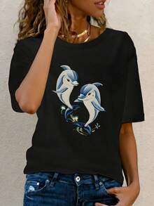 Delfines, Flores, Delfines, Divertido, Elección Perfecta, 04 Ropa, Camiseta de Manga Corta para Mujer Talla Grande con Estampado Floral, Cuello Redondo, Estilo Casual, Divertida, Gráfica, 10 - Negro - Ver 1