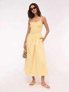 Vestido Tirantes Rayas Bandeau Espalda Descubierta Bolsillos A-line Largo - Amarillo - Ver 7