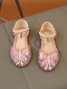 1 Pair Vintage Girls' Sandals With Hollow Bow And Rhinestone, Sweet Style, Summer New Non-Slip Rubber Sole Open Toe Fashion, Party Vacation Open Toe Beach Shoes Soft Sole Non-Slip Beach Sandals - Pink - View 2