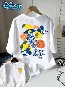 Disney Mickey Mouse Holiday Cartoon Pattern T-Shirt, Men's Summer Short Sleeve Shirt, 100% Cotton T-Shirt, Summer Relaxed Casual Short Sleeve, Men And Women General, Couples, Everyday Wear, Street Wear, Holiday, Campus - 白色 - 查看 1