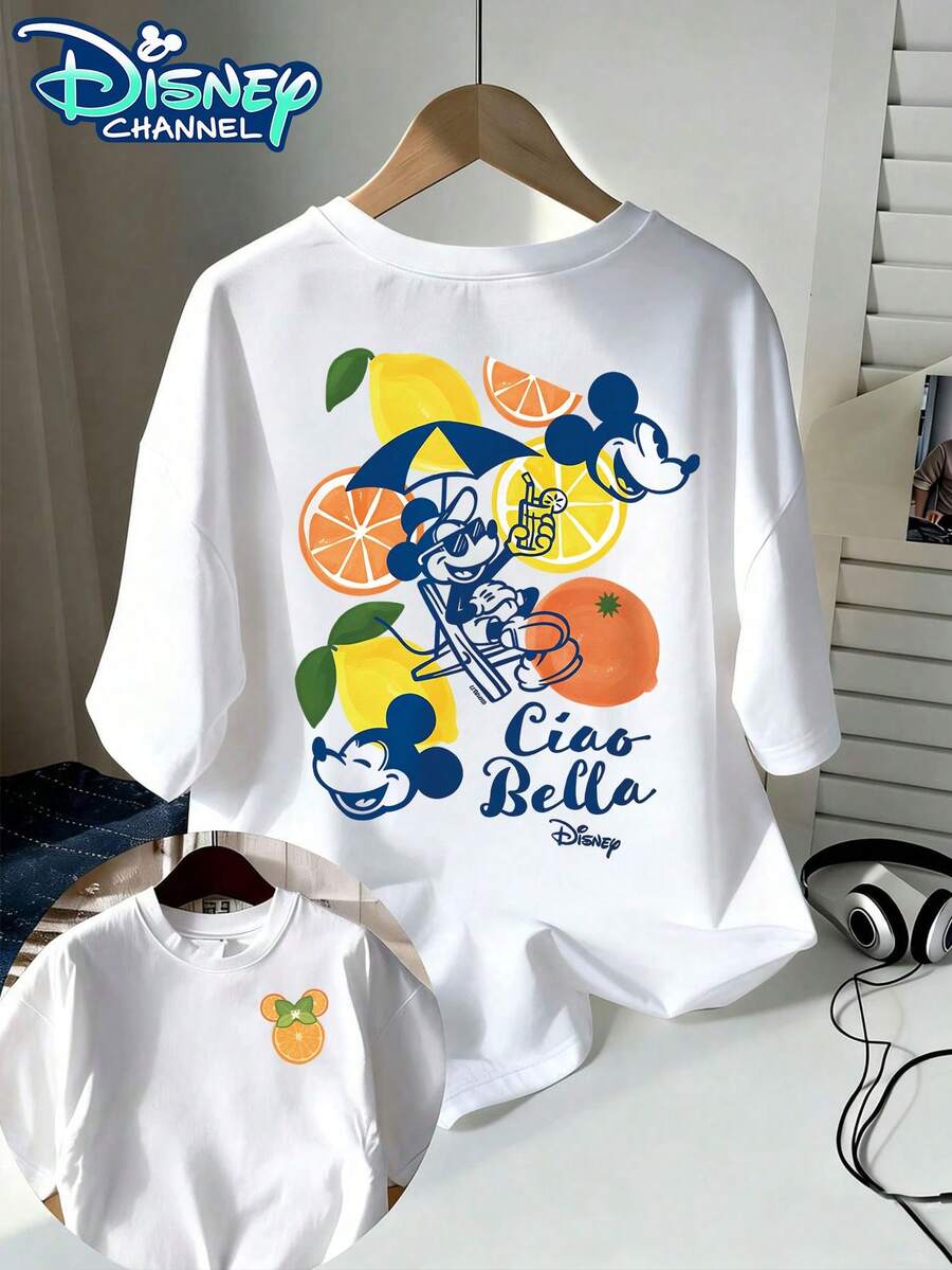 Disney Mickey Mouse Holiday Cartoon Pattern T-Shirt, Men's Summer Short Sleeve Shirt, 100% Cotton T-Shirt, Summer Relaxed Casual Short Sleeve, Men And Women General, Couples, Everyday Wear, Street Wear, Holiday, Campus - 白色 - 查看 1