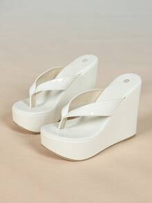 Women's Toe-Clip Wedge Heel Thick Sole Sandals, Plus Size Slide Sandals, Outdoor Beach Shoes - White - View 13