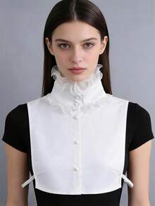 DA FEN QI MI MA 1 Pc Elegant White Ruffled High Neck Detachable Fake Collar, With Pearl Buttons, Versatile Decorative Neckline Accessory For Shirts And Sweaters - White - View 1