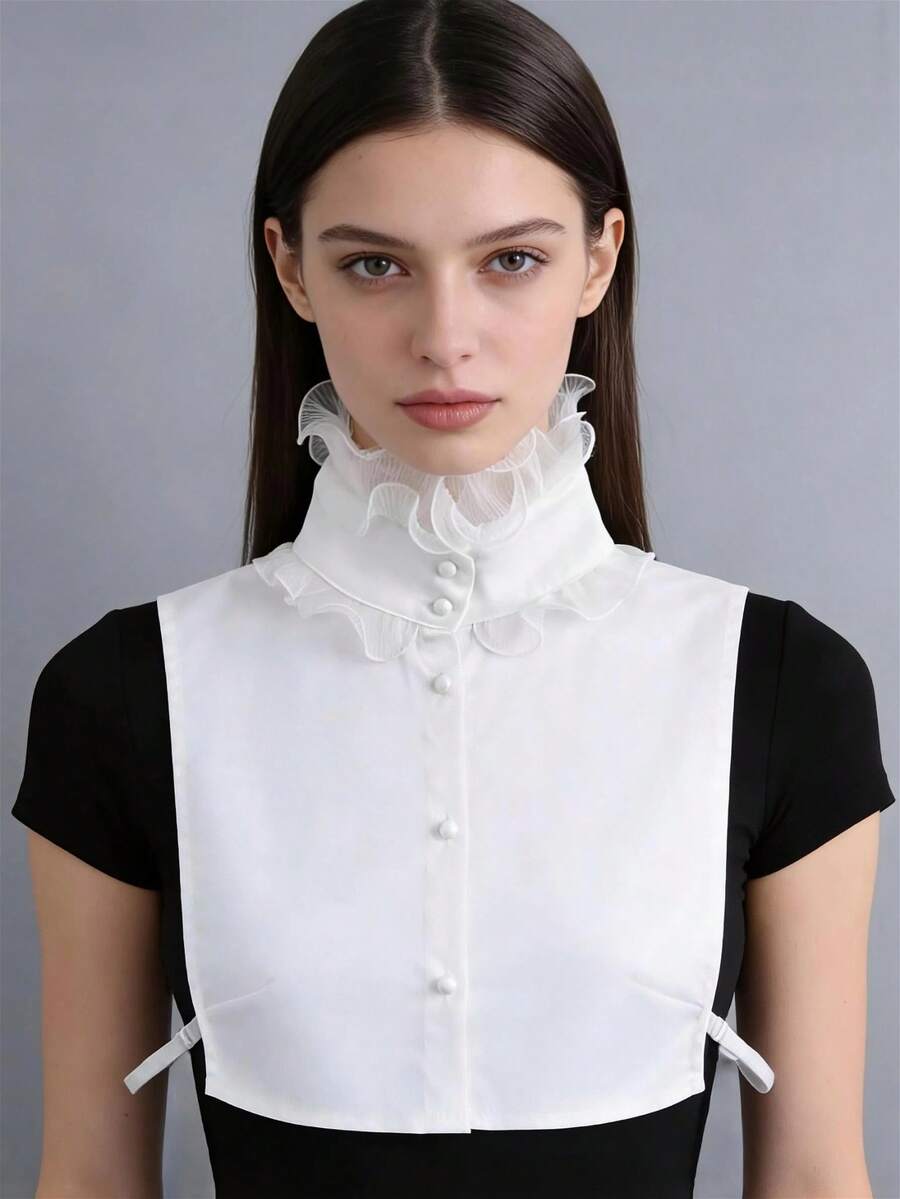 DA FEN QI MI MA 1 Pc Elegant White Ruffled High Neck Detachable Fake Collar, With Pearl Buttons, Versatile Decorative Neckline Accessory For Shirts And Sweaters - White - View 1