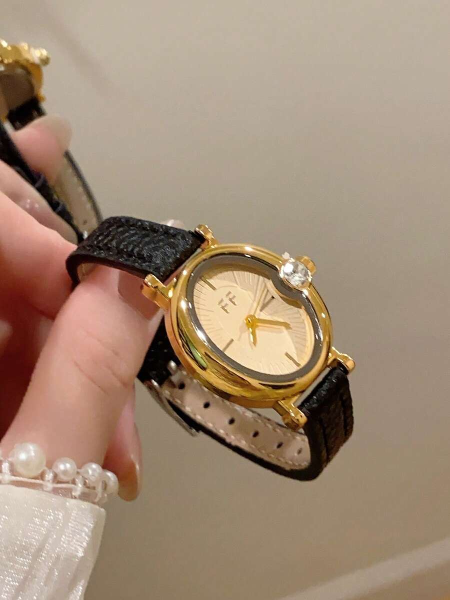 1pc Women's Fashion High-End Quartz Wrist Watch With Roman Numeral Oval Fully Paved Diamonds, Versatile Stylish - Black - View 1