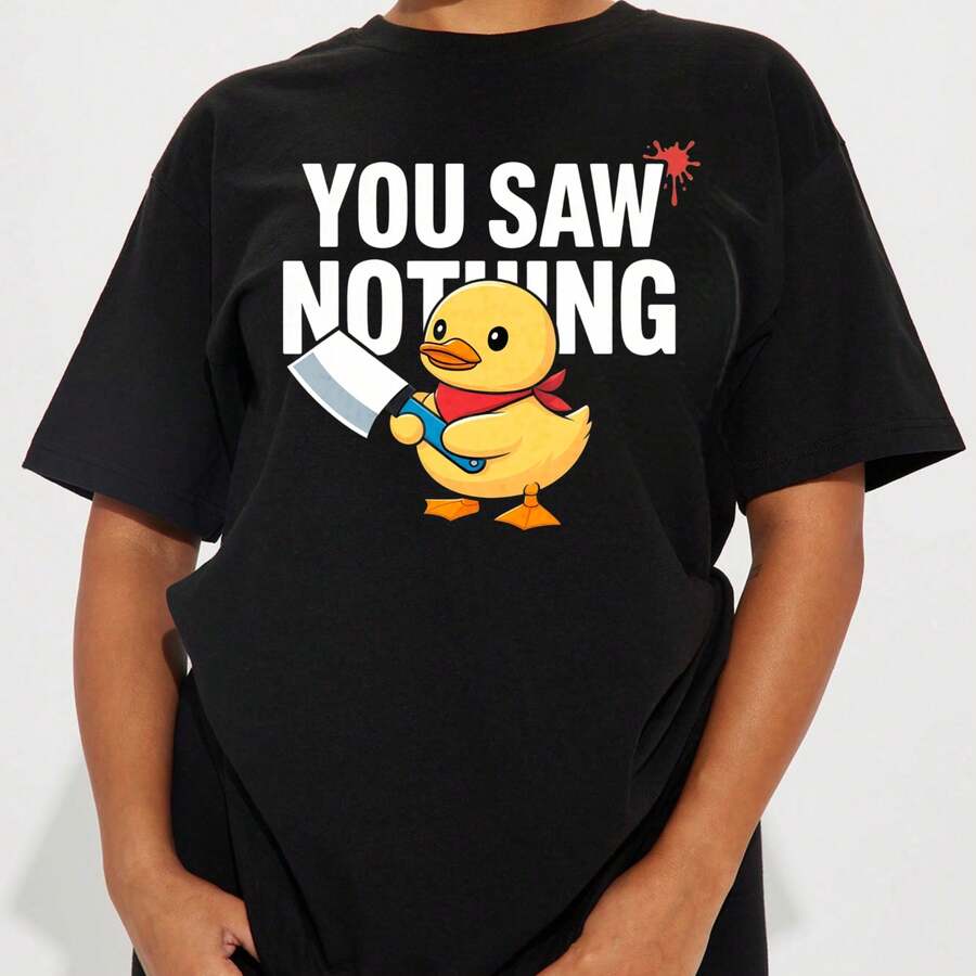 Camiseta Blanca Casual de Verano Divertida para Mujer, con Diseño de Pato con Cuchillo, Camiseta Básica de Algodón Suave - Negro - Ver 1