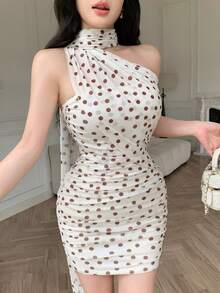 YkhahaYkhahaCelisse Vestido ajustado con hombros asimétricos con volantes y estampado de lunares de malla, elegante para vacaciones de primavera/veranoYkhahaYkhaha - Multicolor - Ver 1