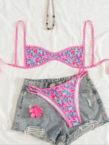 TIN Conjunto de bikini para mujer de dos piezas con estampado floral, traje de baño casual y elegante para vacaciones en la playa, ropa de verano para mujeres - Azul - Ver 5
