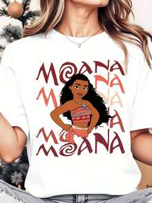 Disney Moana Character Print Women's Round Neck Shirt, Summer Tops Comfortable O-Neck T Shirt Fashion Casual Women Clothes - White - View 1