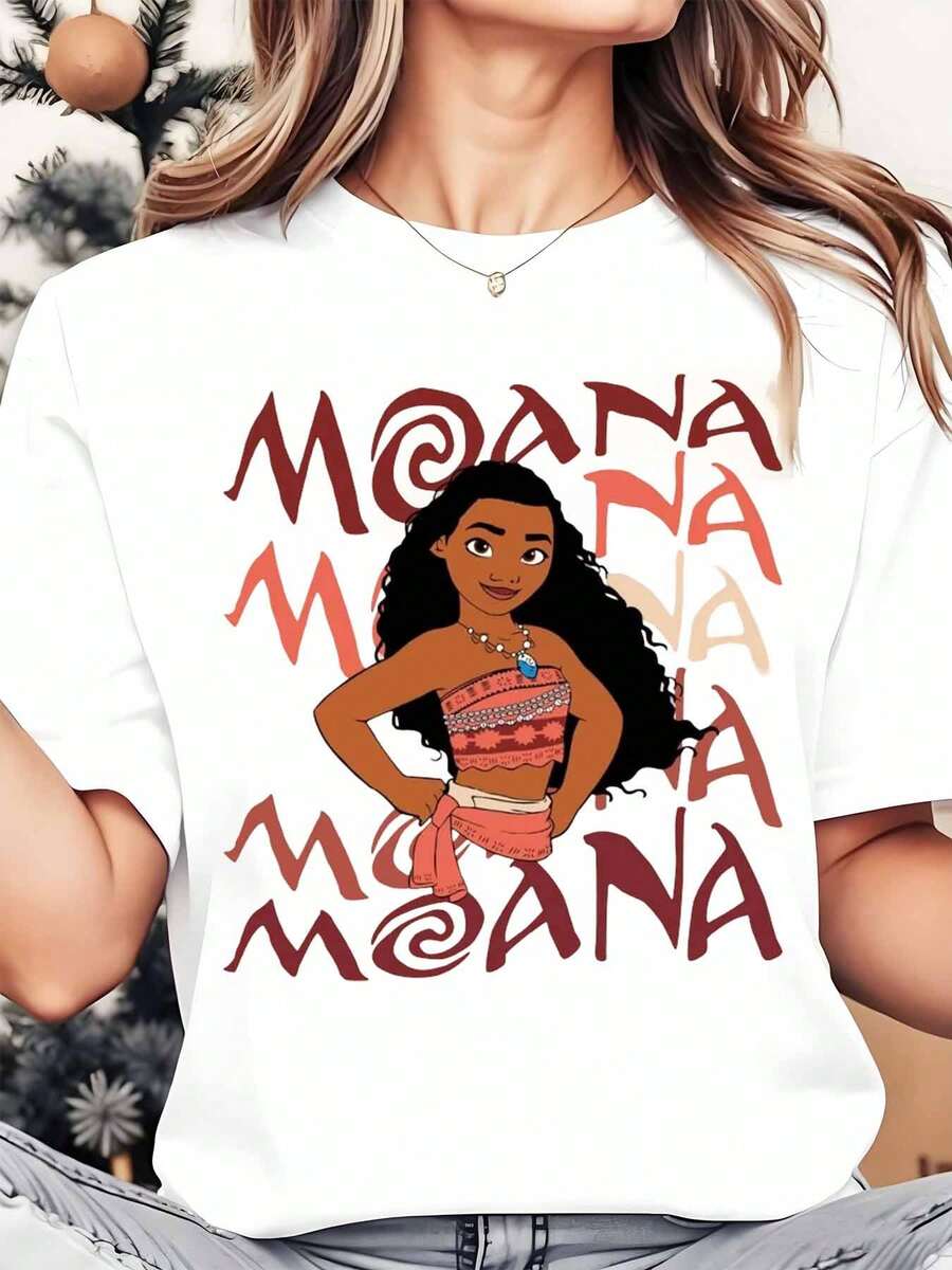 Disney Moana Character Print Women's Round Neck Shirt, Summer Tops Comfortable O-Neck T Shirt Fashion Casual Women Clothes - White - View 1