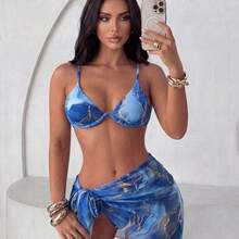 YijiaNvz Swim  Paquete de 3 trajes de baño con sujetador con aros y estampado de mármol y falda para playa de verano - Amarillo - Ver 9