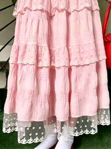 Teen Girl Summer Lace Trim High Waist A-Line Long Skirt 13-16 Years Old - Pink - View 3