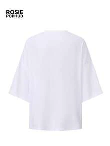 ROSIE POPHUB 女款白色 Chili 字母印花落肩寬鬆 T-shirt，休閒圓領短袖夏季印花上衣，適合日常街頭穿搭 - 白色 - 查看 7