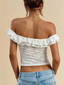Top corto de encaje con hombros descubiertos para mujer, blusa ajustada con frente con nudo y volante - Blanco - Ver 2