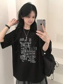 Camiseta Unisex de Algodón con Estampado de Letras, Estilo Casual Coreano y Japonés, Corte Holgado, Nueva Colección Primavera Verano VFCT - Negro - Ver 3
